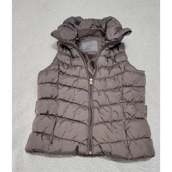 Zara Basic Womens Brown Full Zip Puffer‎ Vest Quilted Convertible Hood Size M - Picture 2 of 9